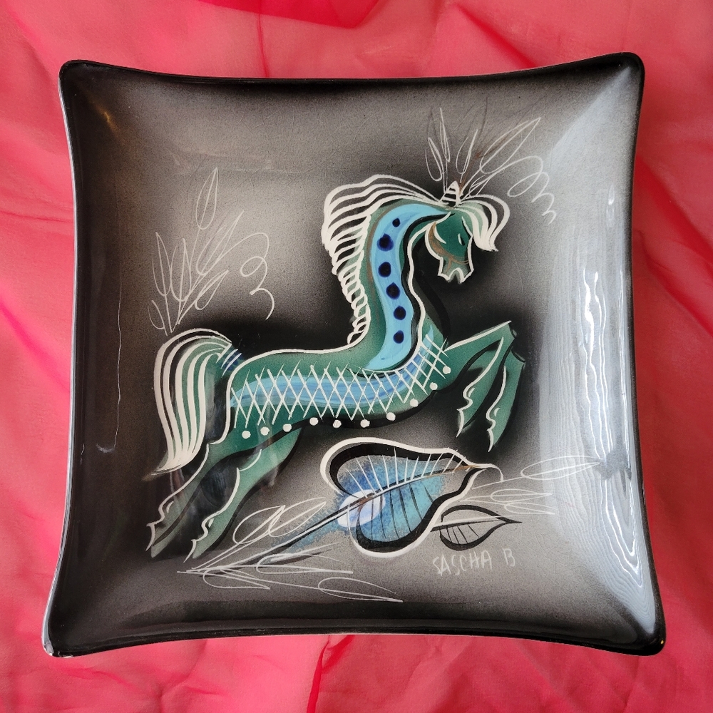Vintage Sascha Brastoff Pottery Square Plate Dish Horse Unicorn ~ Mid-Century